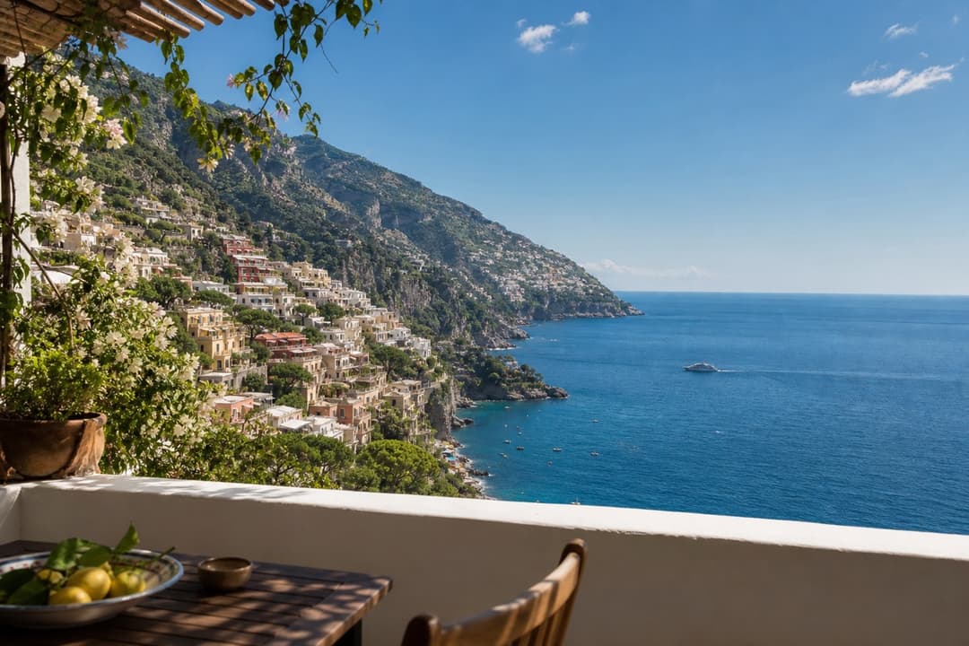 Sunny view across Positano and the Amalfi Coast